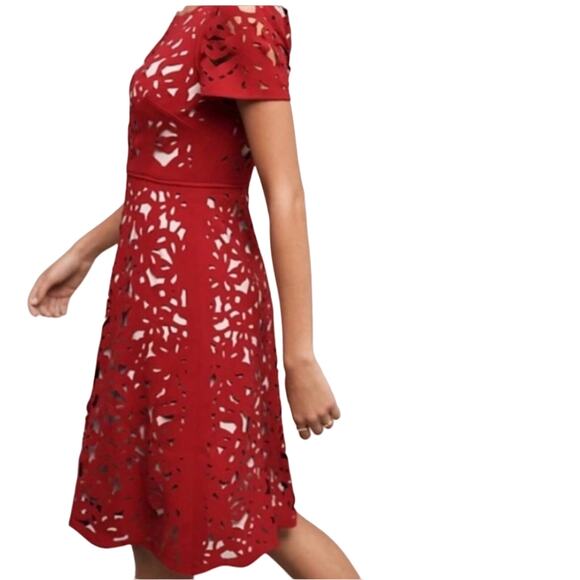 Moulinette Soeurs Red Laser Cut Floral Midi Dress - Size 4 - Picture 14 of 15